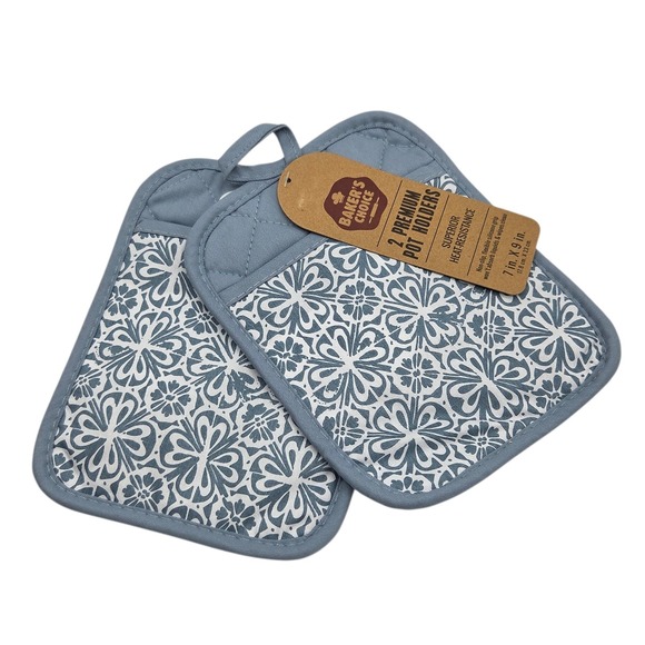 Bakers Choice Set of 2 Premium Cotton and Silicone Pot Holder Floral Blue 7x9in - Picture 5 of 6
